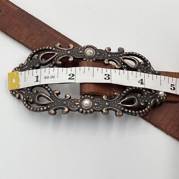 💥BOGO💥 LINEA PELLE Brown Leather Belt. 7/8" Western Antiqued Buckle Hand Made - Picture 2 of 8